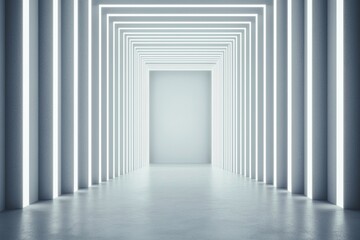 Fototapeta premium Futuristic glowing corridor, abstract lines, minimalist design. A serene, calming atmosphere