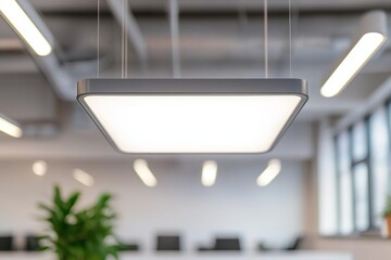 Modern Office, Suspended luminous panel casts a soft glow, illuminating the clean, workspace