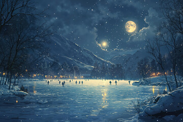 Magical Winter Night Scene with Moonlit Lake and Gentle Falling Snow