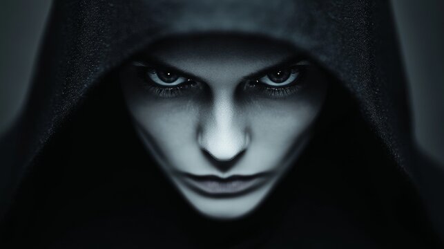 Intense gaze from a dark hood. Mysterious, gothic ambiance. A shadowy figure's enigmatic stare - Powered by Adobe