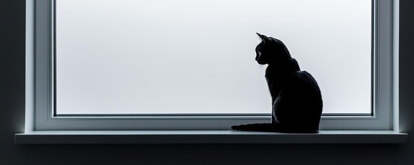 Silhouette of a cat sitting on a windowsill, white isolate background.