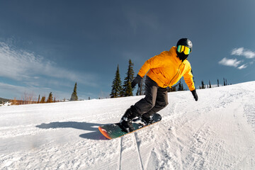Active snowboarder rides at ski resort slope against blue sky and pine forest