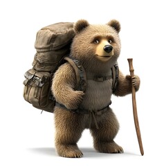 A cute bear character with a backpack and walking stick, ready for an adventure.