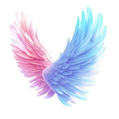 Fototapeta premium A pair of ethereal wings in gradient shades of pink and blue, designed with intricate feather details, symbolizing freedom and beauty for art and design. transparent background, png