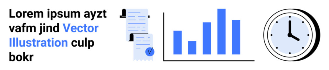 Bar graph, clock, and documents with text and icons in modern blue and black color scheme. Ideal for infographics, presentations, business reports, educational materials, websites, marketing