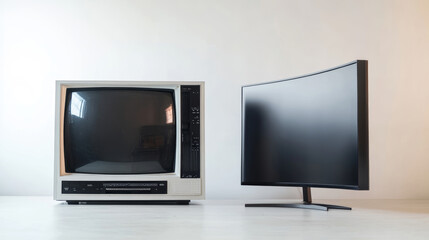 Fototapeta premium A side-by-side comparison between a traditional CRT monitor and a modern curved LED monitor on a white background
