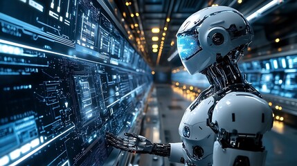 Fototapeta premium AI robot analyzing data streams in a futuristic data center, surrounded by illuminated displays and holographic interfaces, network flows swirling around, high-tech glow,