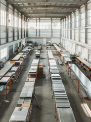 Obraz premium aerial view of an industrial building with many steel sheet tables and shelves in the center, white walls, large windows. conveyor belt for quality control while laying out metal sheets on one side.