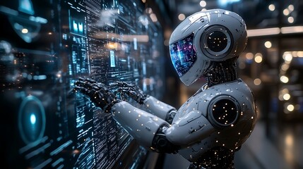 Fototapeta premium AI robot analyzing multiple holographic data displays, arms extended with holographic panels floating around, surrounded by neon-lit lab equipment, intense atmosphere,