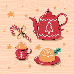 Teapot and mug with a warm drink. Tasty pastry and candy cane. Winter still life.