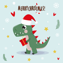 Cute dino. Christmas greeting card