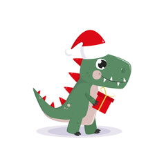 Cute dino with gift box. Christmas dinosuar. Cartoon style.