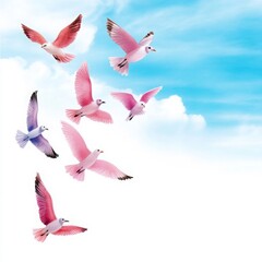 Fototapeta premium Colorful Birds Flying Through Blue Sky