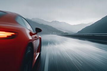 Obraz premium Close-up of a red car driving on a highway road, with a motion blur background, cloudy sky, and a mountain landscape