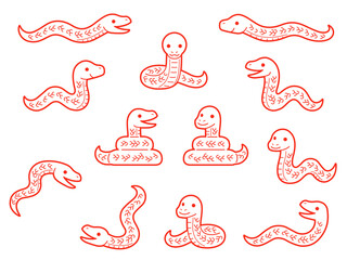 赤い蛇のキャラクターの線画イラスト