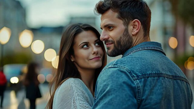 couple lover woman and man standing close  together at urban city street nighttime