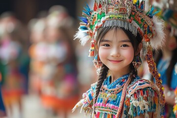 Fototapeta premium Smiling young girl wearing traditional hmong costume and headwear