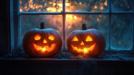 Obraz premium Two carved pumpkins glowing in a window during Halloween.