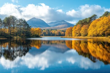 Beautiful autumn foliage reflecting in calm lake with mountains and cloudy sky