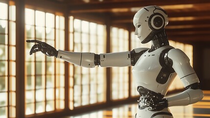 AI robot in a dojo, performing a graceful martial arts kata, soft light filtering through paper windows, calm and focused expression, detailed metallic textures, wooden beams and floor reflections,