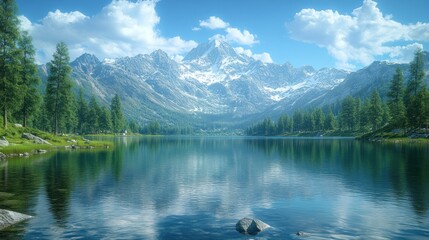 Serene mountain landscape with a reflective lake and lush greenery.