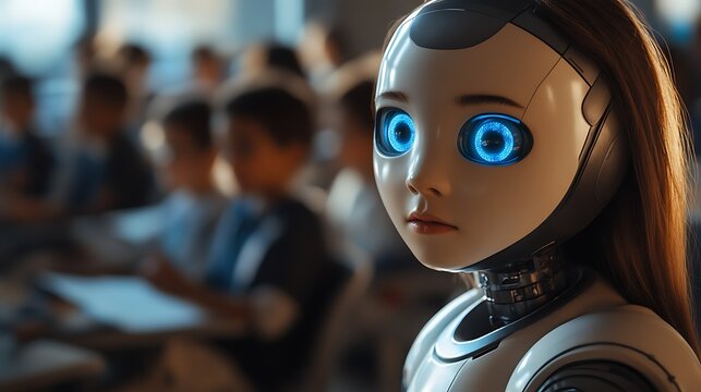 AI robot in a futuristic classroom teaching children using holographic visuals, children&rsquo;s eyes reflecting excitement, soft ambient lighting, sleek and metallic surfaces on robot,