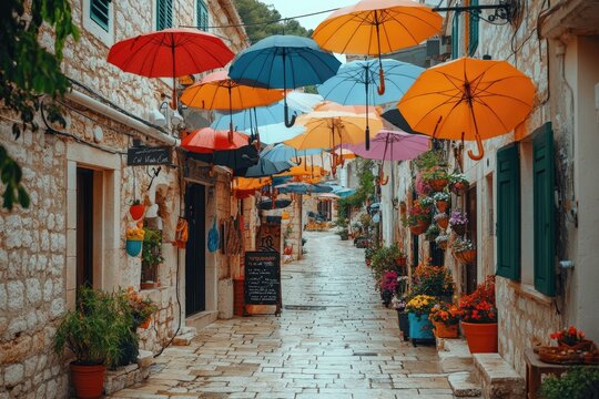 Fototapeta Colorful umbrellas hanging above narrow street in bol, brac island, croatia