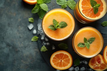 Refreshing orange smoothie decorated with fresh mint and ice cubes