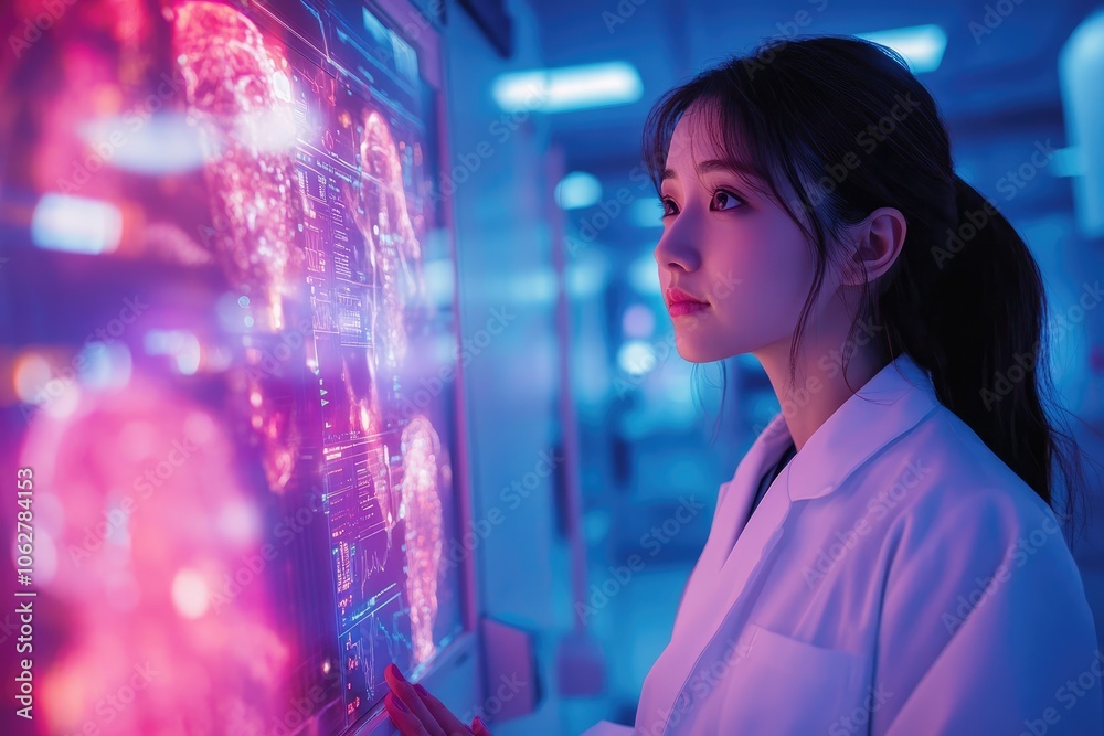 Fototapete Scientist working with interactive touchscreen display showing global data and futuristic interface in modern laboratory