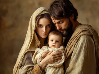 The painting depicts Mary, Joseph and the baby Jesus in a peaceful and holy scene, with Mary cradling Jesus in her arms and Joseph standing protectively by their side.AI generative. © Dar1930