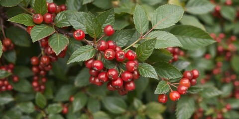 Obraz premium Vibrant red berries contrast against lush green leaves on a branch in a natural setting, setting, nature, red berries