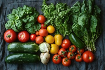 Fresh organic vegetables forming colorful display on dark background