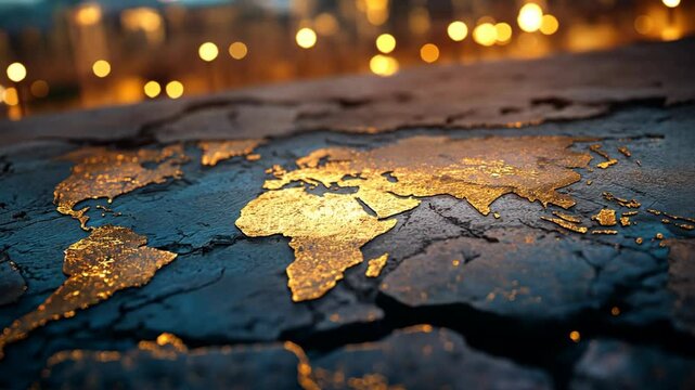  gold metallic world map on grungy blue background