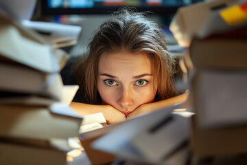 Employee staring at an overflowing inbox on their computer screen, looking defeated