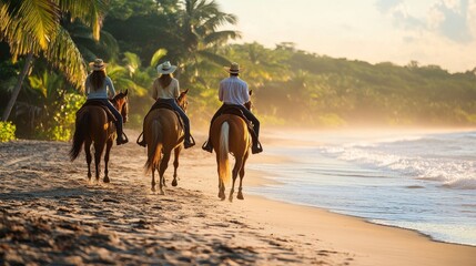 Horseback riding on tropical beach at sunset: tourists enjoying scenic ocean views