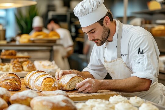 Baker arranging freshly baked bread in bakery