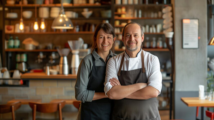 Obraz premium Smiling man and woman standing in a café.