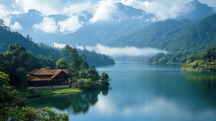 Naklejka premium Wooden cottage nestled on a tranquil lakeshore in the majestic mountains of thakhek loop, laos