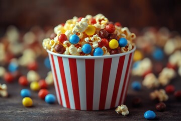 Popcorn with colorful chocolate candies in a striped paper cup for watching movies