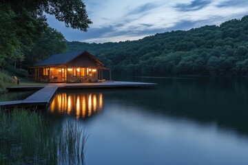 Fototapeta premium Cozy wooden cabin on a lake at dusk reflecting on calm water