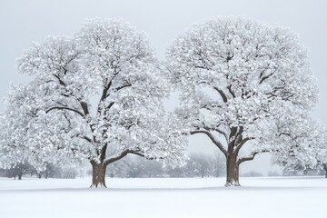 Two large majestic trees covered in snow in winter landscape