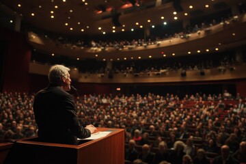 Obraz premium Senior politician giving speech at conference in auditorium with large audience