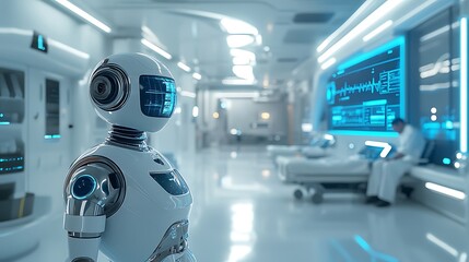 AI robot monitoring patient vitals on a holographic screen in a futuristic hospital room, doctor working nearby, clean white and blue color scheme,