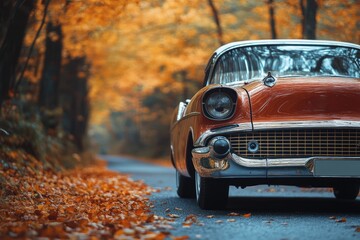 Fototapeta premium Classic car driving on scenic autumn road