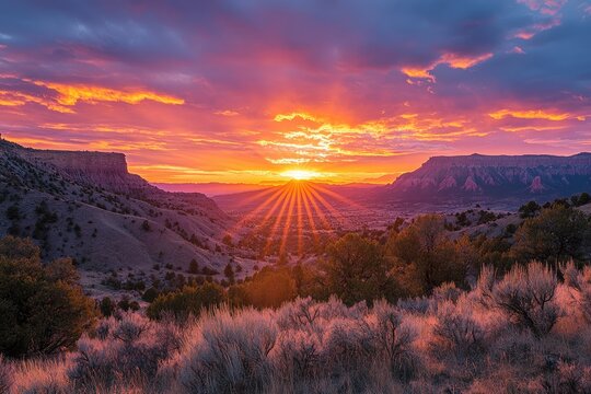 Vibrant sunset illuminating dramatic desert landscape in ghost ranch, new mexico