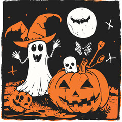 Halloween Ghost and Pumpkin Scene