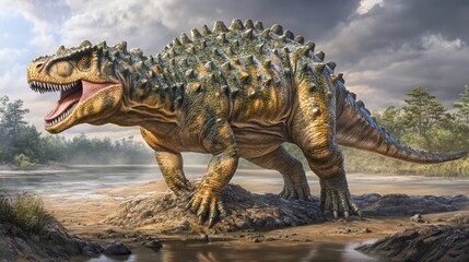 Prehistoric Predator  Spinosaurus Dinosaur Roaring in Riverbank Habitat