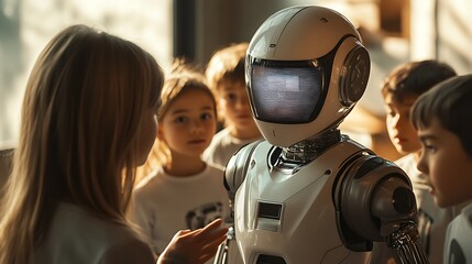 AI robot standing beside a holographic screen in a modern classroom, explaining concepts to a group of curious children, soft lighting and advanced tech decor, metallic textures on robot,