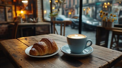 Coffee and Croissant on Wooden Table with City View