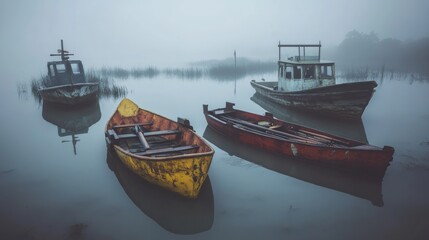 Misty Morning with Boats on Still Water